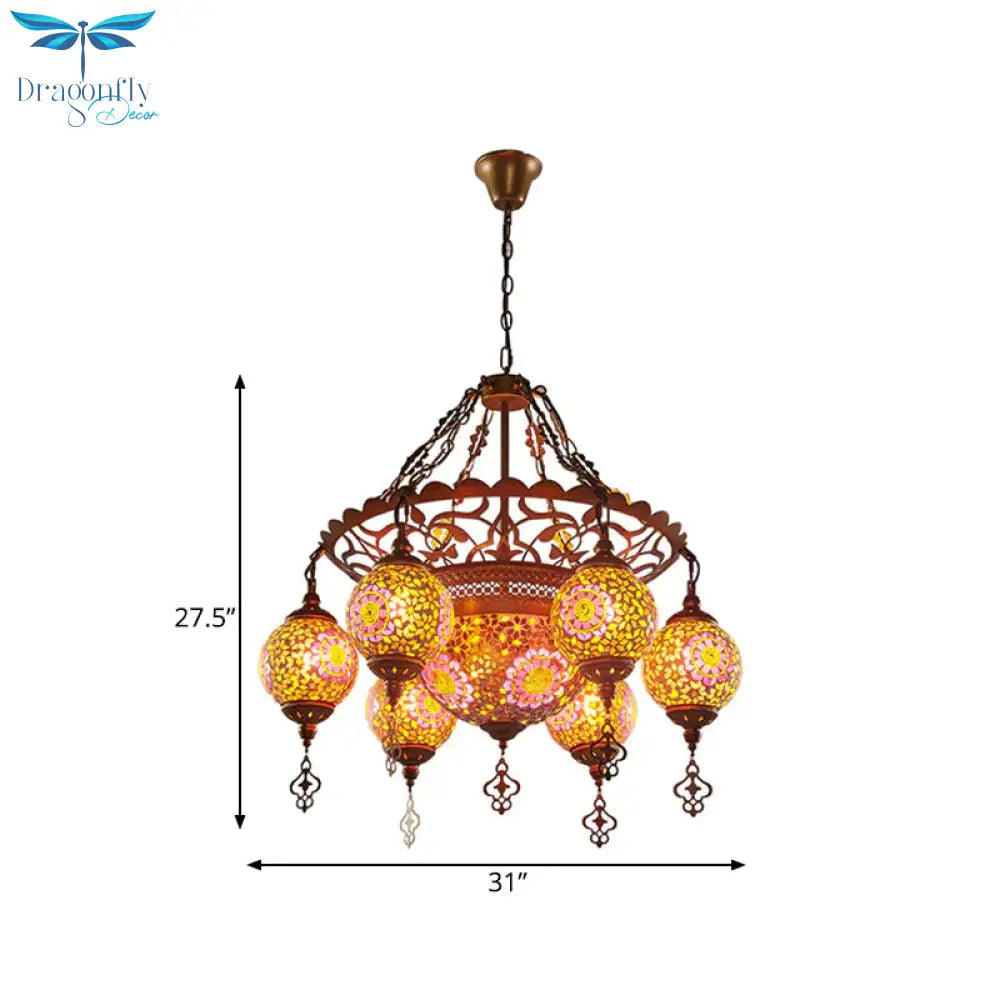 Brass Lantern Chandelier Lamp Traditional Stained Glass 9 Heads Restaurant Suspension Pendant Light