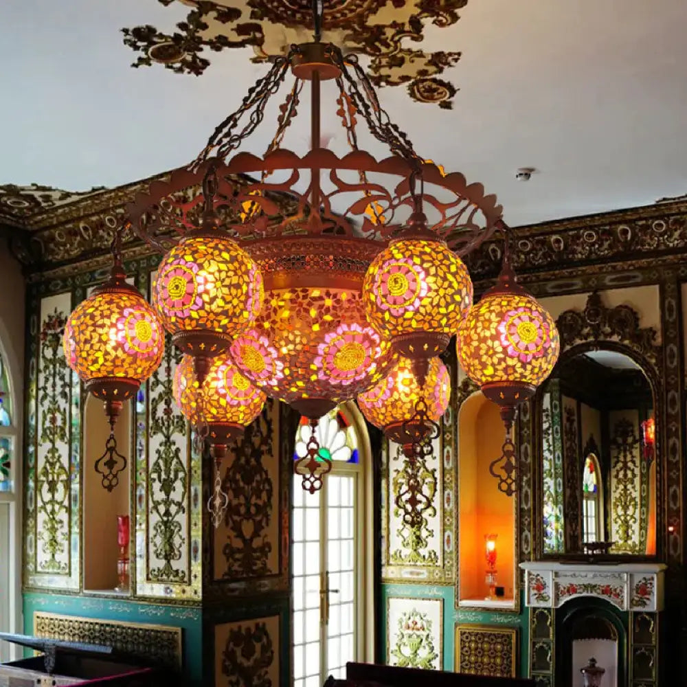 Brass Lantern Chandelier Lamp Traditional Stained Glass 9 Heads Restaurant Suspension Pendant Light