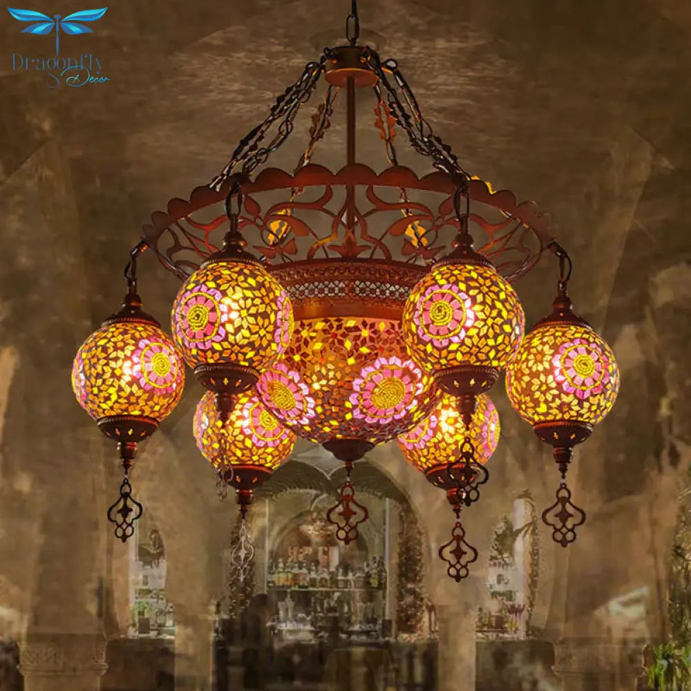 Brass Lantern Chandelier Lamp Traditional Stained Glass 9 Heads Restaurant Suspension Pendant Light