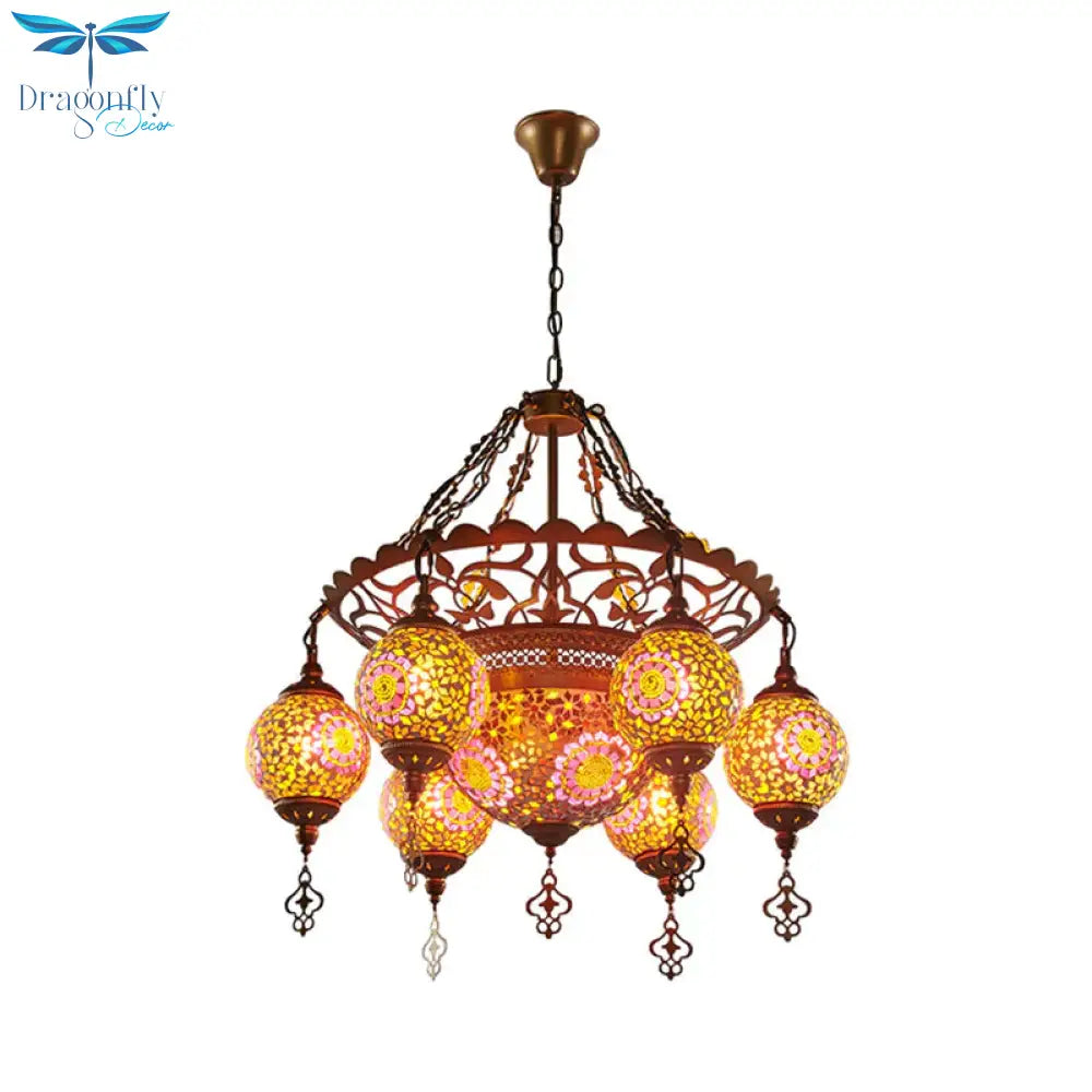 Brass Lantern Chandelier Lamp Traditional Stained Glass 9 Heads Restaurant Suspension Pendant Light