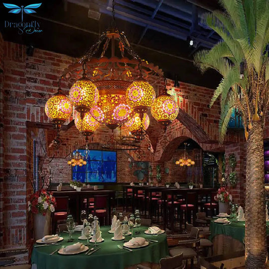 Brass Lantern Chandelier Lamp Traditional Stained Glass 9 Heads Restaurant Suspension Pendant Light