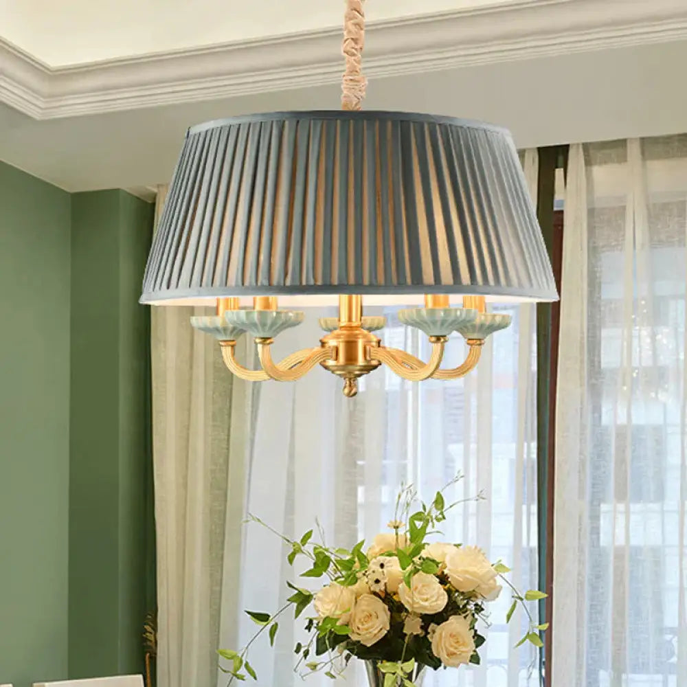 Brass Pleated Drum Chandelier Lighting Rustic Fabric 5 Heads Dining Room Hanging Pendant Light
