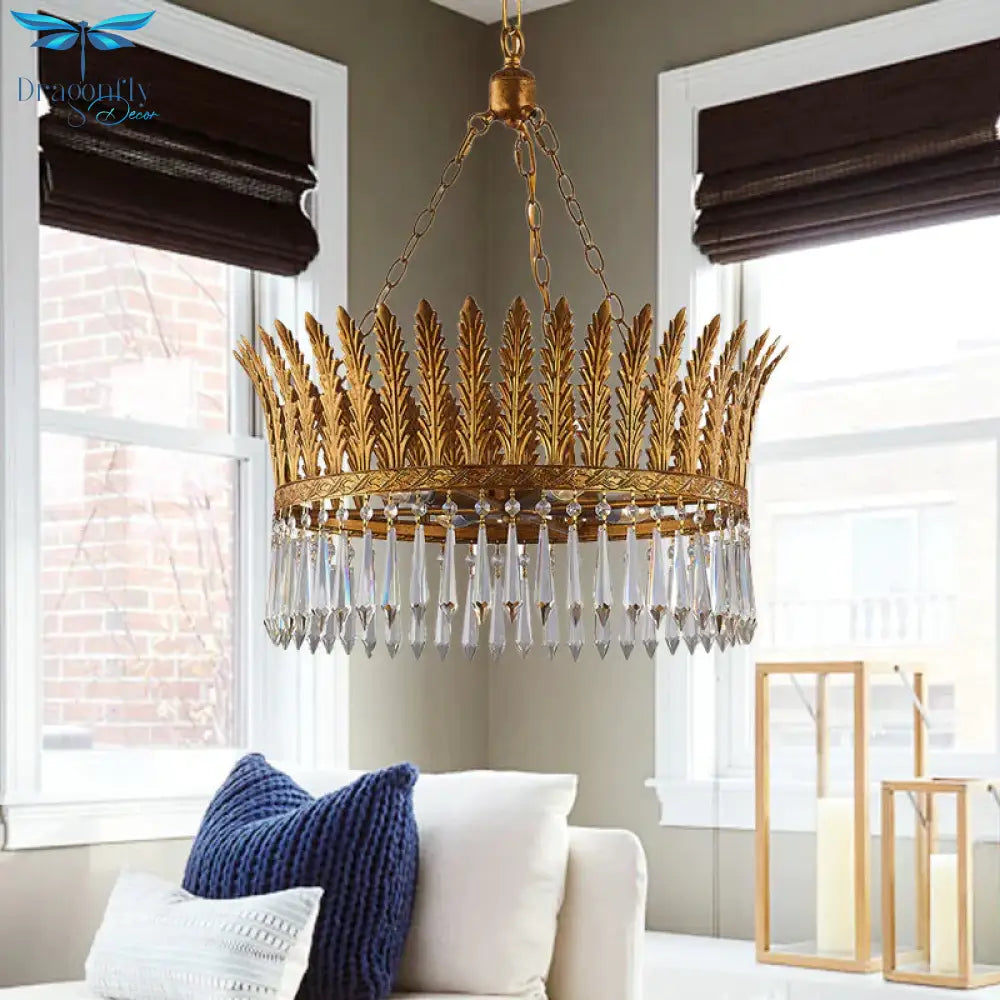 Brass Round Chandelier Lamp Traditional Metal And Crystal 4/6 Lights Living Room Hanging Light