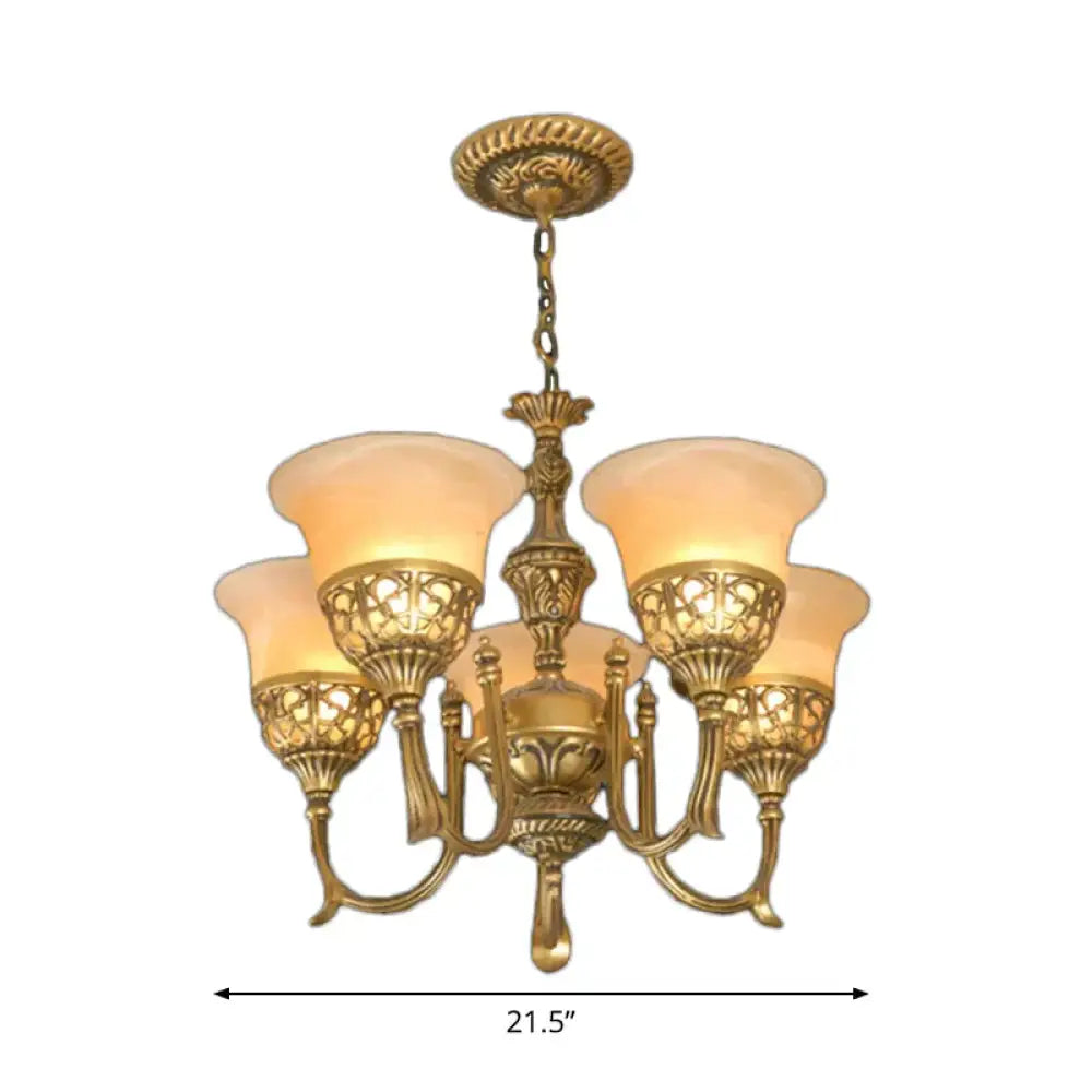 Bronze 5 - Light Up Chandelier Antiqued Style Frosted Glass Flared Ceiling Hang Lamp