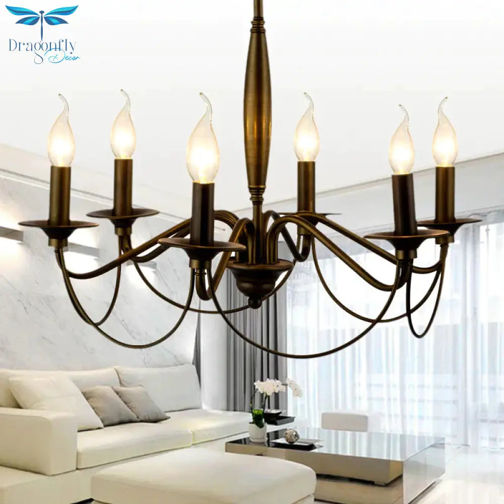 Bronze 6 Lights Pendant Chandelier Classic Metal Scrolled Arm Hanging Light For Living Room