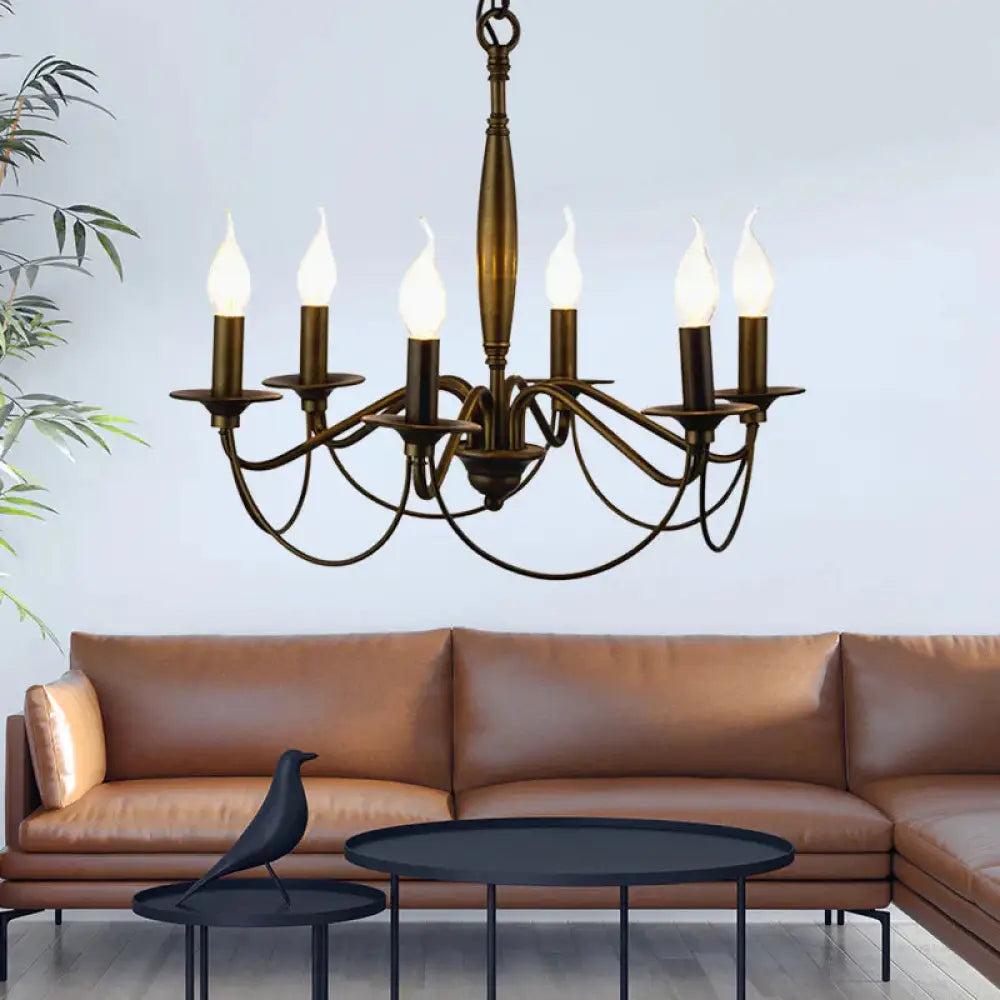 Bronze 6 Lights Pendant Chandelier Classic Metal Scrolled Arm Hanging Light For Living Room