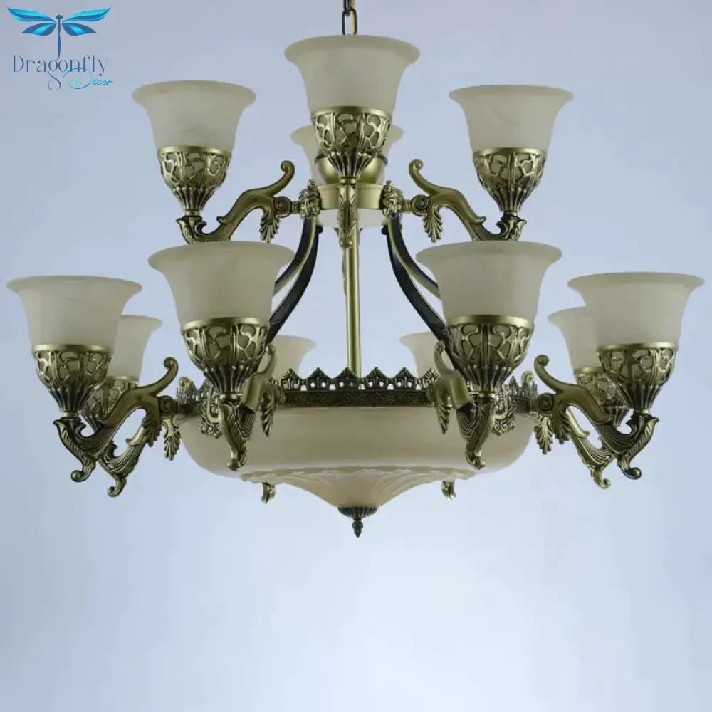 Bronze Bell Up Chandelier Light Traditional Opaline Glass 15 Bulbs Dining Room Pendant
