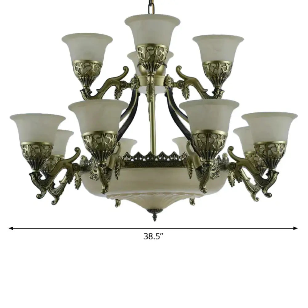 Bronze Bell Up Chandelier Light Traditional Opaline Glass 15 Bulbs Dining Room Pendant