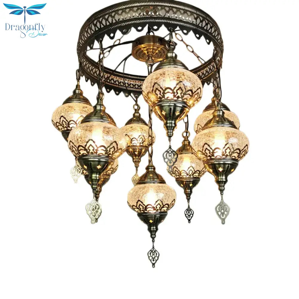 Bronze Elliptical Hanging Ceiling Light Vintage Clear Crackle Glass 9 - Head Bedroom Pendant