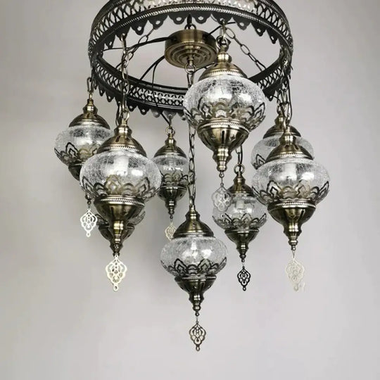 Bronze Elliptical Hanging Ceiling Light Vintage Clear Crackle Glass 9 - Head Bedroom Pendant