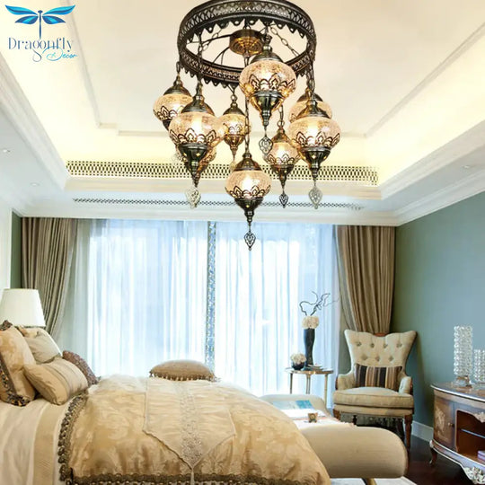 Bronze Elliptical Hanging Ceiling Light Vintage Clear Crackle Glass 9 - Head Bedroom Pendant