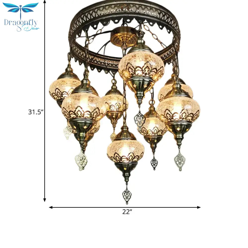 Bronze Elliptical Hanging Ceiling Light Vintage Clear Crackle Glass 9 - Head Bedroom Pendant