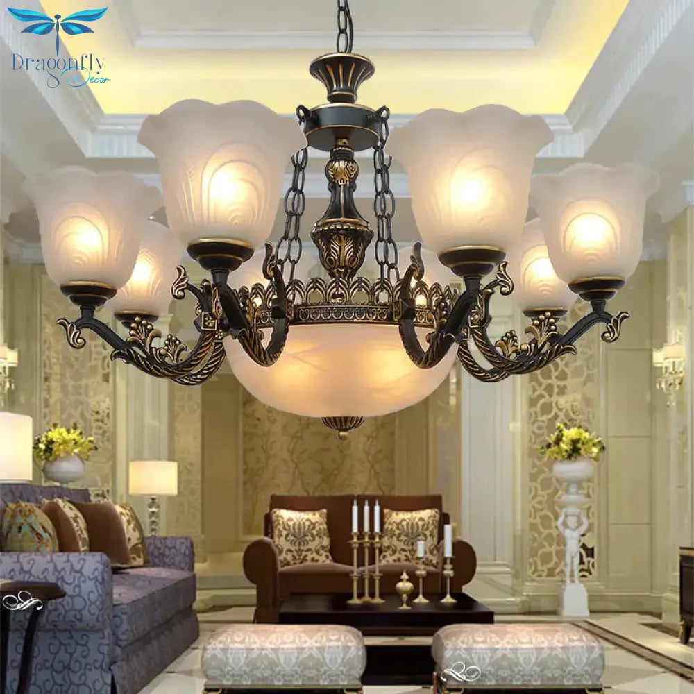 Bronze Flared Pendant Lighting Traditional Frosted Textured Glass 9/11 Light Living Room Chandelier