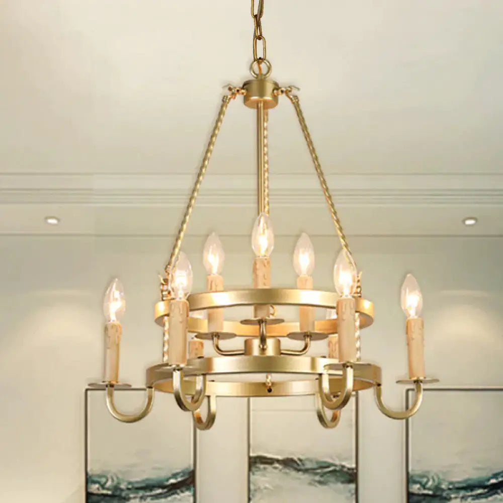 Bronze/Gold Candle Style Hanging Lamp Vintage Metal 9 Lights Living Room Chandelier Lighting