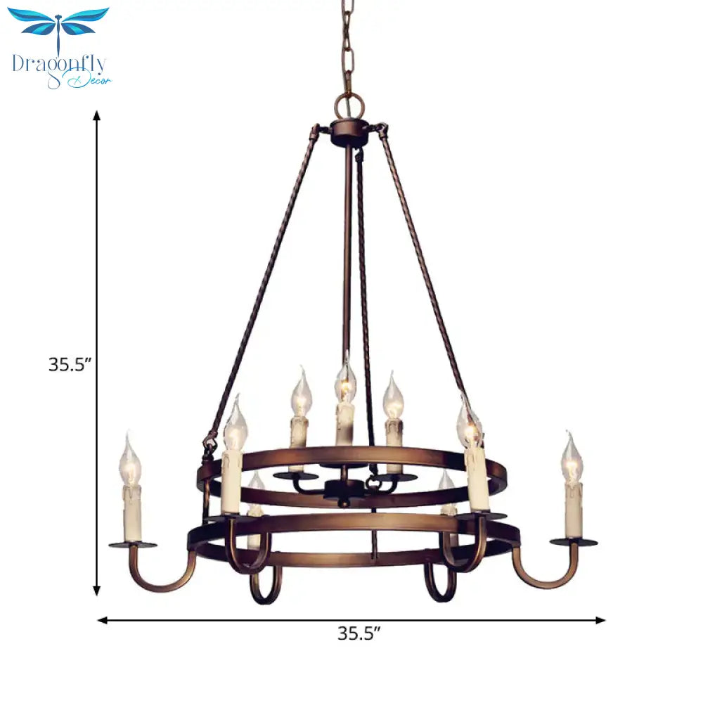 Bronze/Gold Candle Style Hanging Lamp Vintage Metal 9 Lights Living Room Chandelier Lighting