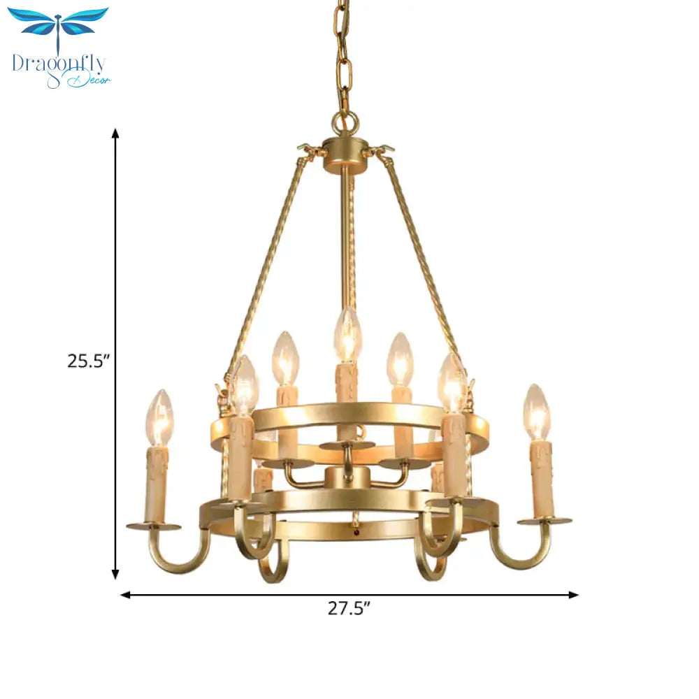 Bronze/Gold Candle Style Hanging Lamp Vintage Metal 9 Lights Living Room Chandelier Lighting