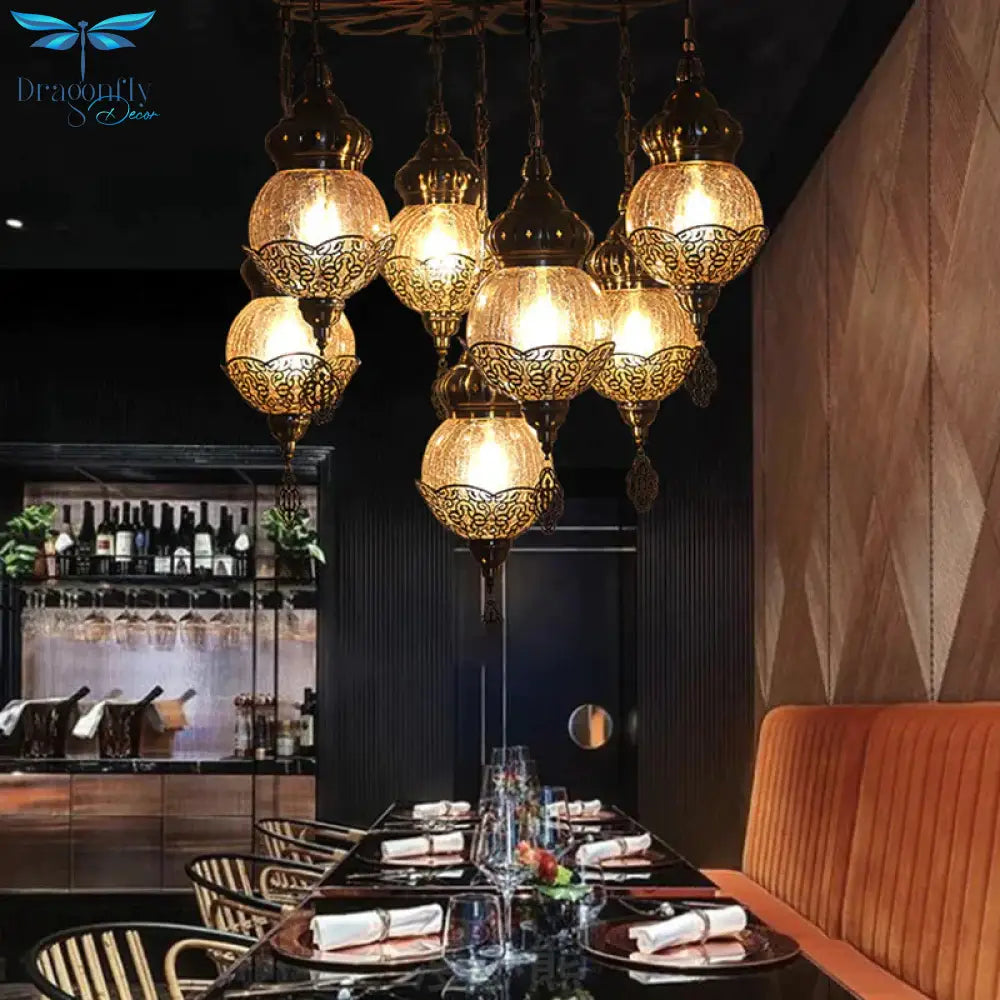 Bronze Spherical Chandelier Moroccan Amber Crackle Glass 7 Lights Restaurant Hanging Ceiling Light