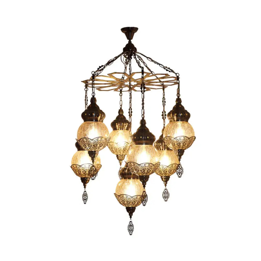 Bronze Spherical Chandelier Moroccan Amber Crackle Glass 7 Lights Restaurant Hanging Ceiling Light