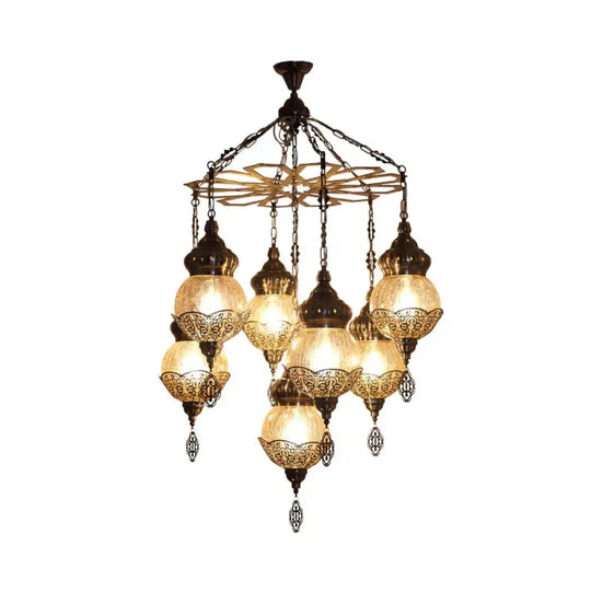 Bronze Spherical Chandelier Moroccan Amber Crackle Glass 7 Lights Restaurant Hanging Ceiling Light