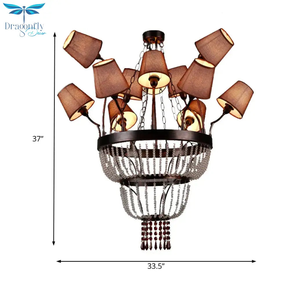 Brown 12 Lights Chandelier Lamp Country Crystal Circular Pendant Lighting For Dining Room With
