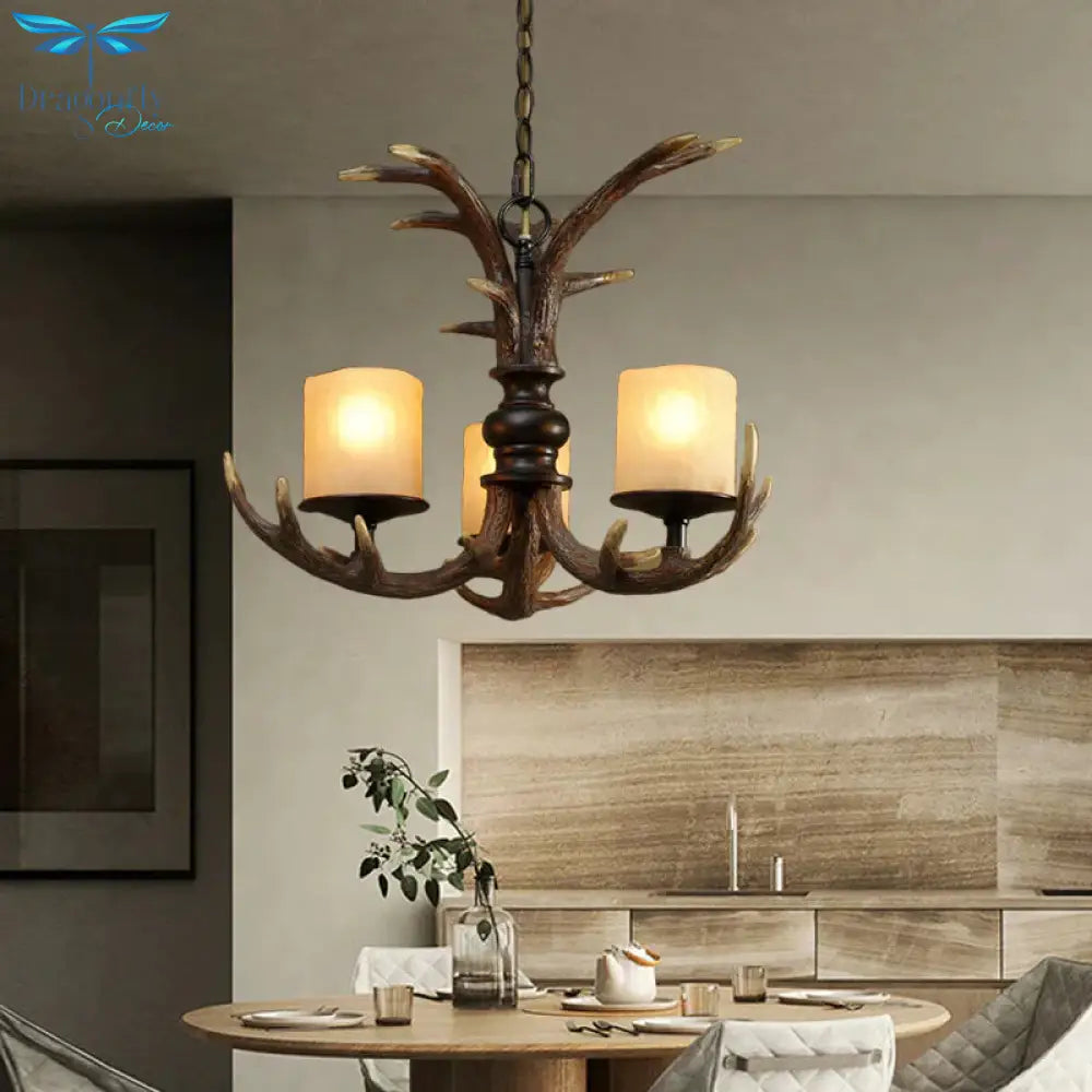 Brown 3/5 Bulbs Ceiling Chandelier Rustic White Frosted Glass Cylindrical Hanging Pendant Light