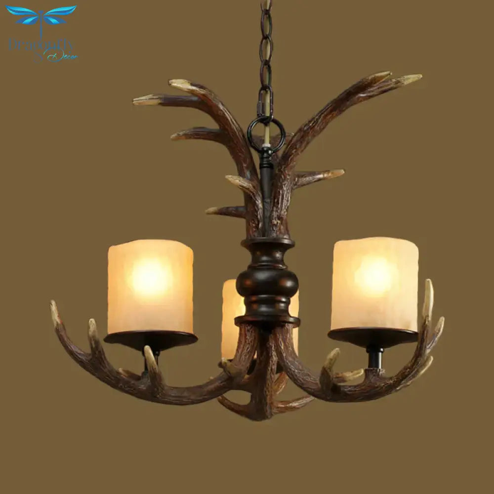 Brown 3/5 Bulbs Ceiling Chandelier Rustic White Frosted Glass Cylindrical Hanging Pendant Light