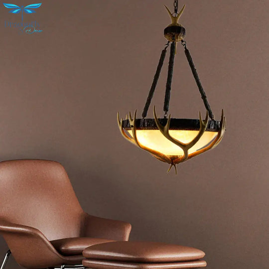 Brown 3 Heads Chandelier Lighting Rustic Glass Hemisphere Suspension Lamp For Living Room