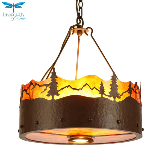 Brown 3 Lights Chandelier Light Fixture Rustic Metal Drum Pendant Lamp With Trees Pattern