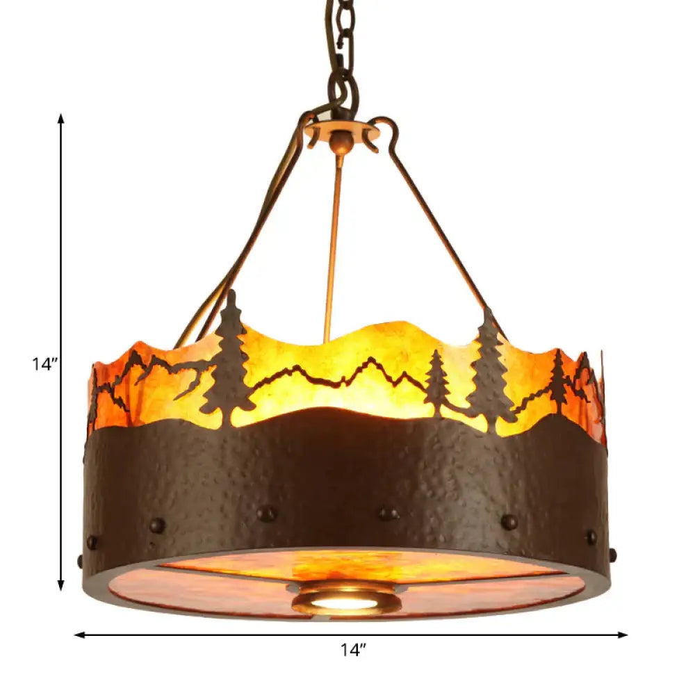 Brown 3 Lights Chandelier Light Fixture Rustic Metal Drum Pendant Lamp With Trees Pattern