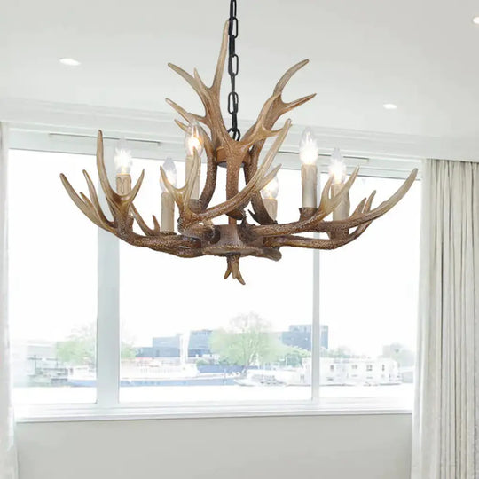 Brown 4/6/8 Heads Chandelier Lighting Rustic Resin Candle Suspension Lamp With Antler For Dining
