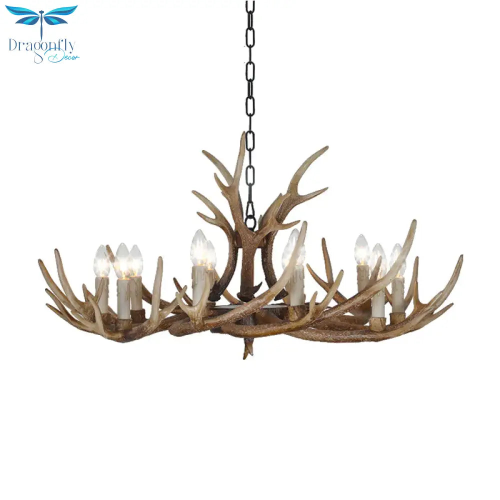 Brown 4/6/8 Heads Chandelier Lighting Rustic Resin Candle Suspension Lamp With Antler For Dining