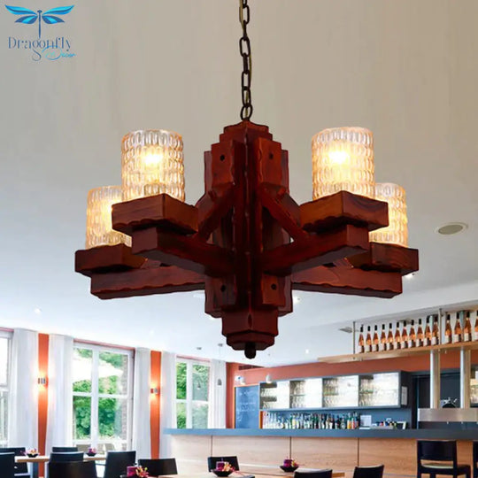 Brown 5 Heads Ceiling Chandelier Rural Yellow Dimple Glass Cylinder Hanging Pendant Light With Wood