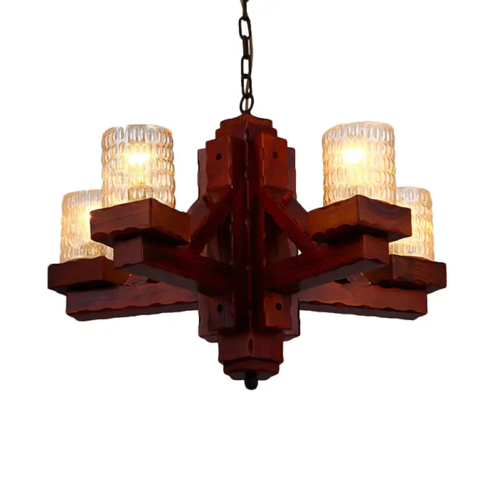 Brown 5 Heads Ceiling Chandelier Rural Yellow Dimple Glass Cylinder Hanging Pendant Light With Wood