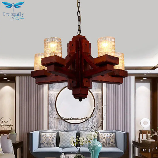 Brown 5 Heads Ceiling Chandelier Rural Yellow Dimple Glass Cylinder Hanging Pendant Light With Wood