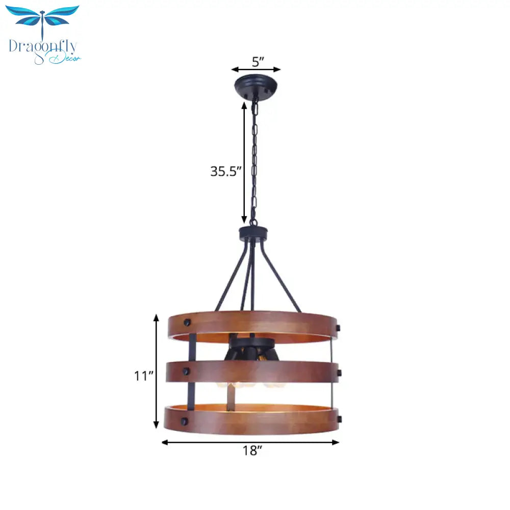 Brown 5 Heads Chandelier Lighting Rustic Wooden Round Suspension Lamp For Dining Room