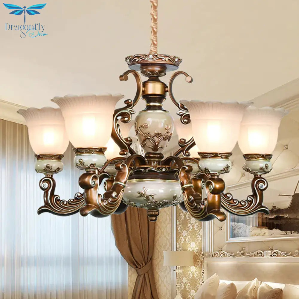 Brown 6/8 Heads Ceiling Chandelier Traditional Style Milky Glass Flower Shaped Hanging Pendant