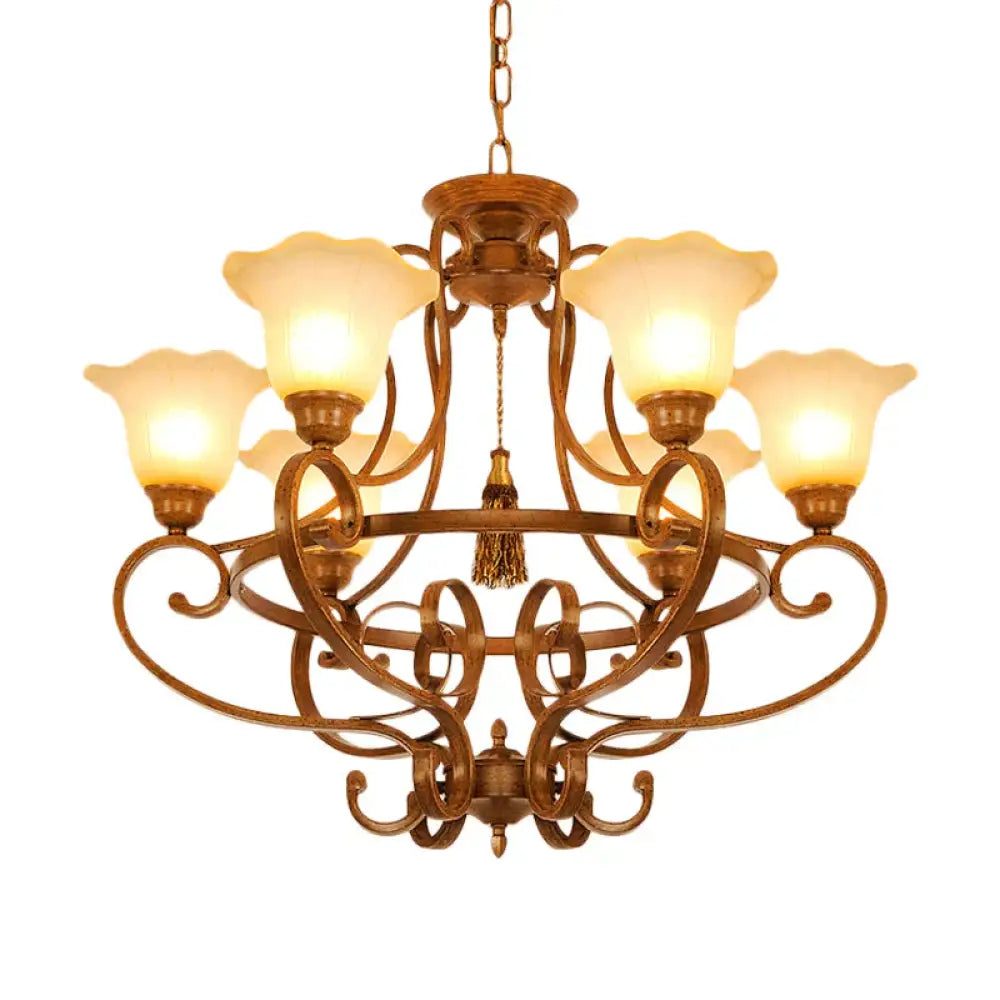 Brown 6 Lights Hanging Chandelier Traditional Frosted Glass Flared Pendant Lighting Fixture With