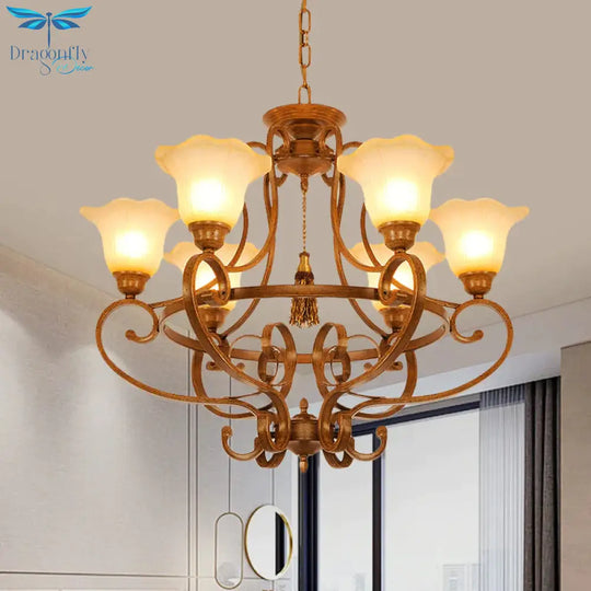 Brown 6 Lights Hanging Chandelier Traditional Frosted Glass Flared Pendant Lighting Fixture With