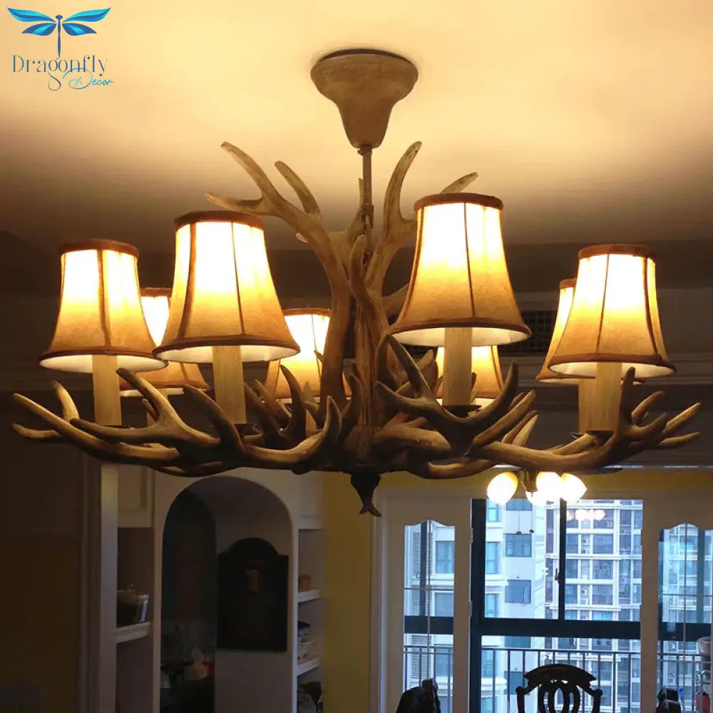 Brown Bell/Cylinder Chandelier Lighting Traditionalism Resin 6/8 Heads Living Room Suspension