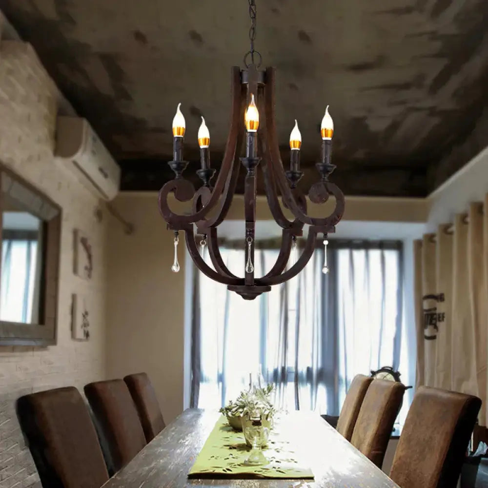 Brown Candle Pendant Chandelier Rural Wooden 5 Heads Restaurant Hanging Ceiling Light
