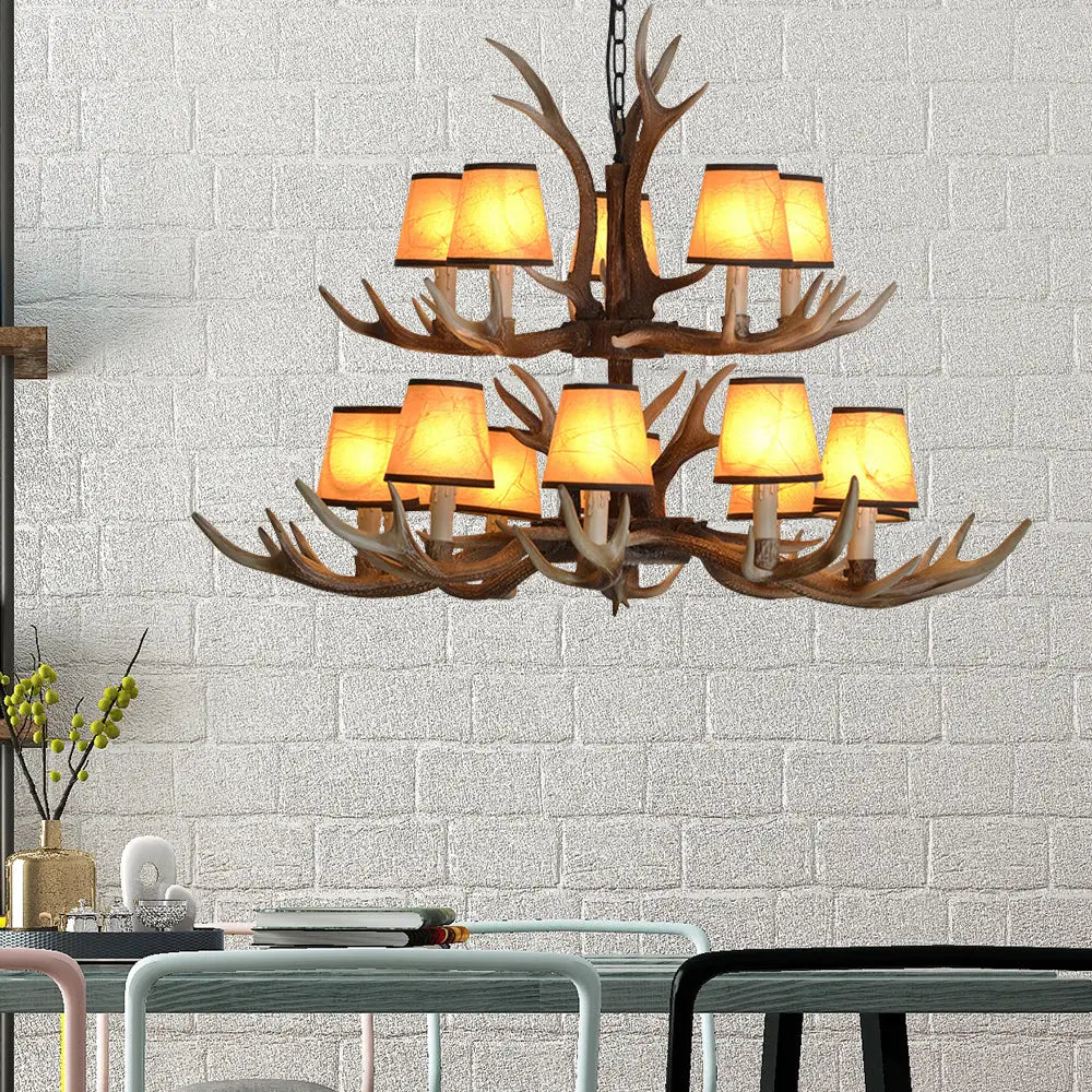 Brown Conical Shade Pendant Chandelier Rural Resin 4/6/8 Heads Dining Room Hanging Ceiling Light 15