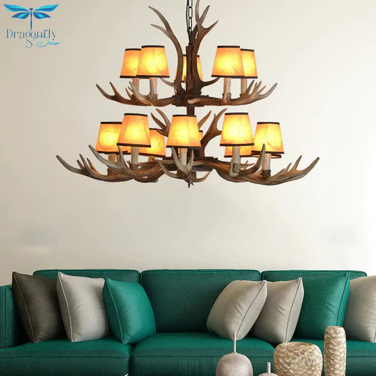 Brown Conical Shade Pendant Chandelier Rural Resin 4/6/8 Heads Dining Room Hanging Ceiling Light