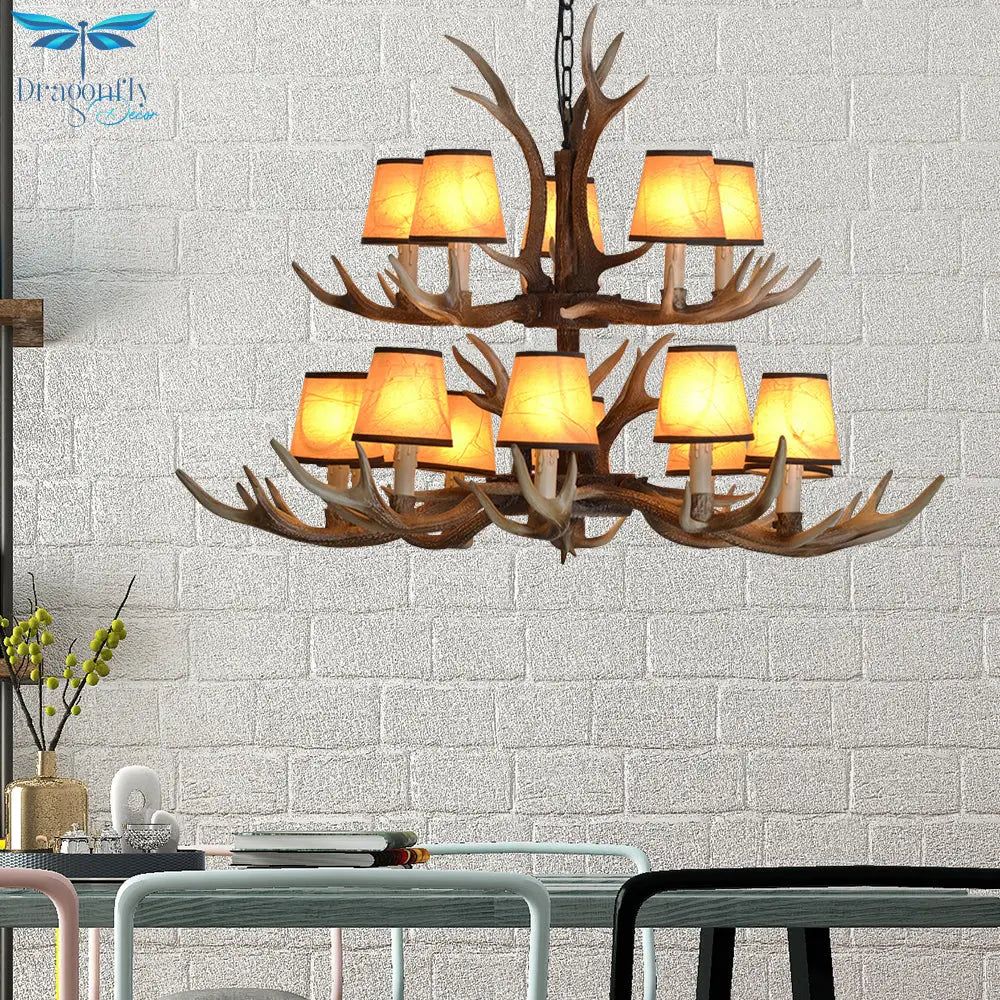 Brown Conical Shade Pendant Chandelier Rural Resin 4/6/8 Heads Dining Room Hanging Ceiling Light