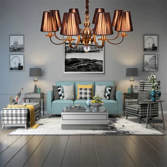 Brown Gathered Fabric Shade Chandelier Lamp Vintage 6/8 Lights Living Room Suspension Light 8 /