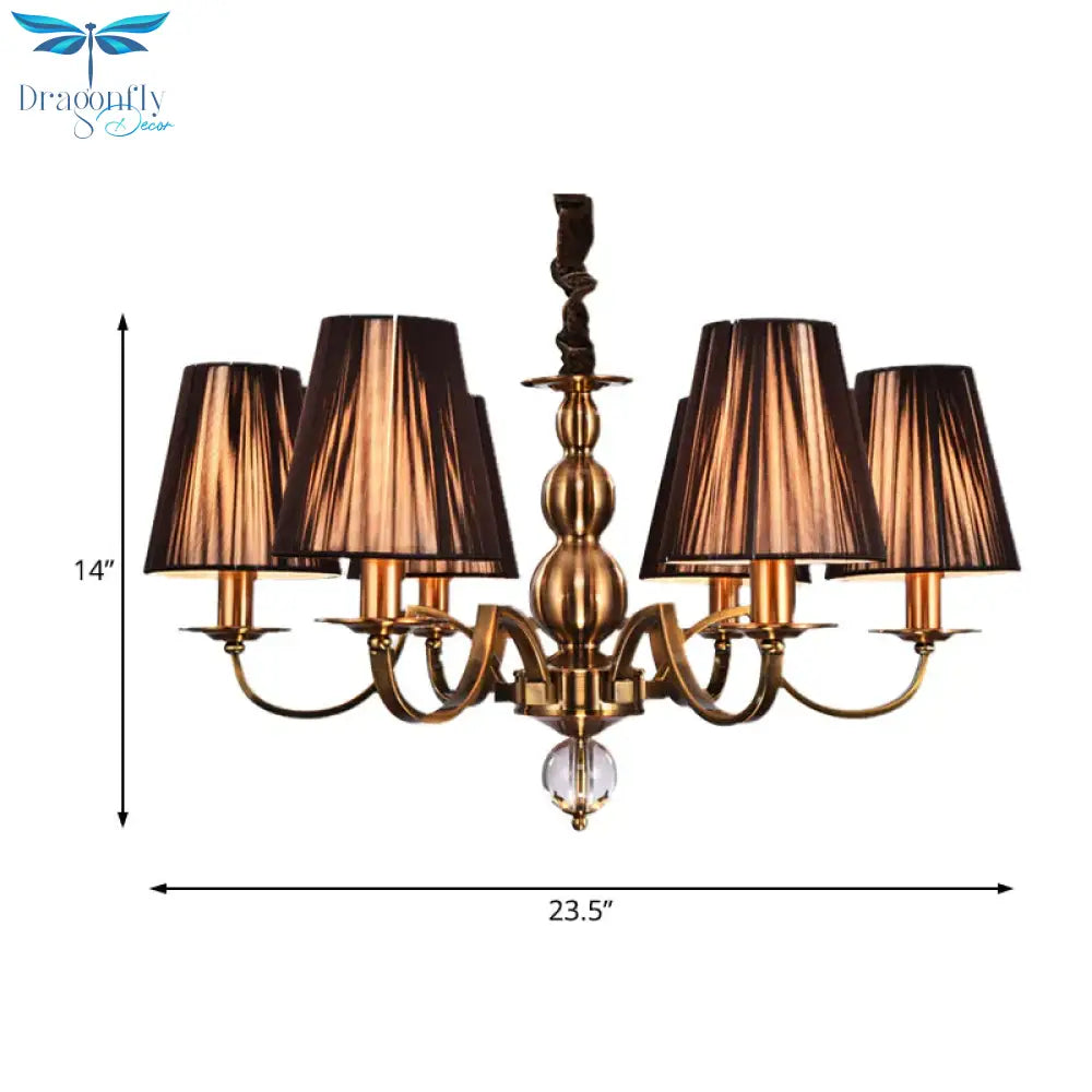 Brown Gathered Fabric Shade Chandelier Lamp Vintage 6/8 Lights Living Room Suspension Light