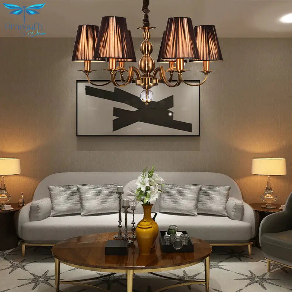 Brown Gathered Fabric Shade Chandelier Lamp Vintage 6/8 Lights Living Room Suspension Light
