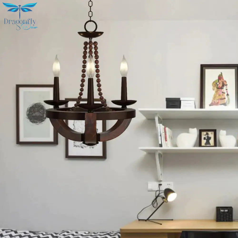 Brown Open Bulb Empire Chandelier Light Traditional Style 3 Heads Wood Hanging Fixture With Bead