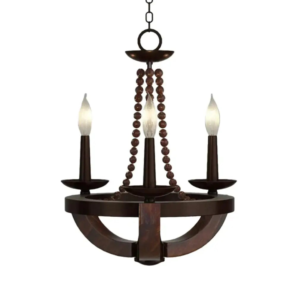 Brown Open Bulb Empire Chandelier Light Traditional Style 3 Heads Wood Hanging Fixture With Bead