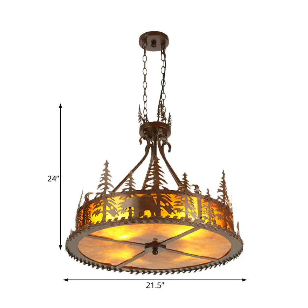 Brown Round Chandelier Lamp Country Metal 3 Lights Living Room Hanging Light With Tree Pattern