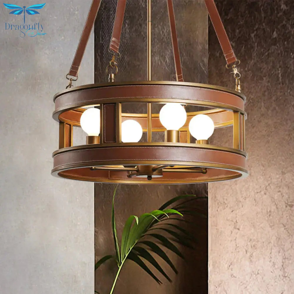 Brown Round Chandelier Lamp Country Style Metal 4 Lights Living Room Hanging Fixture